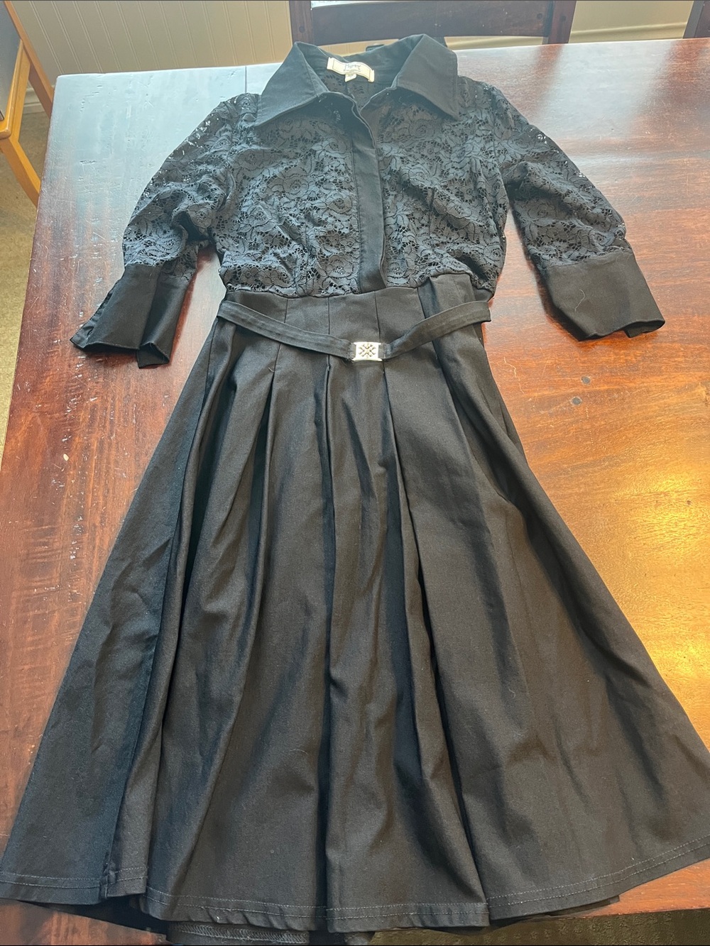 Black Lace Bodice Midi Shirt Dress with Belt